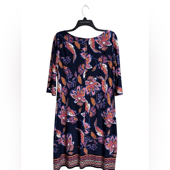 Vince Camuto Floral Shift Dress Size 12 Black Pink Navy 3/4 Sleeve Knee-Length - Picture 4 of 5